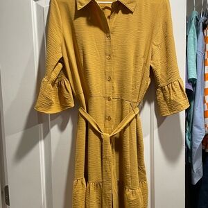 Cato Mustard Button-Front Midi Dress with Tie Waist